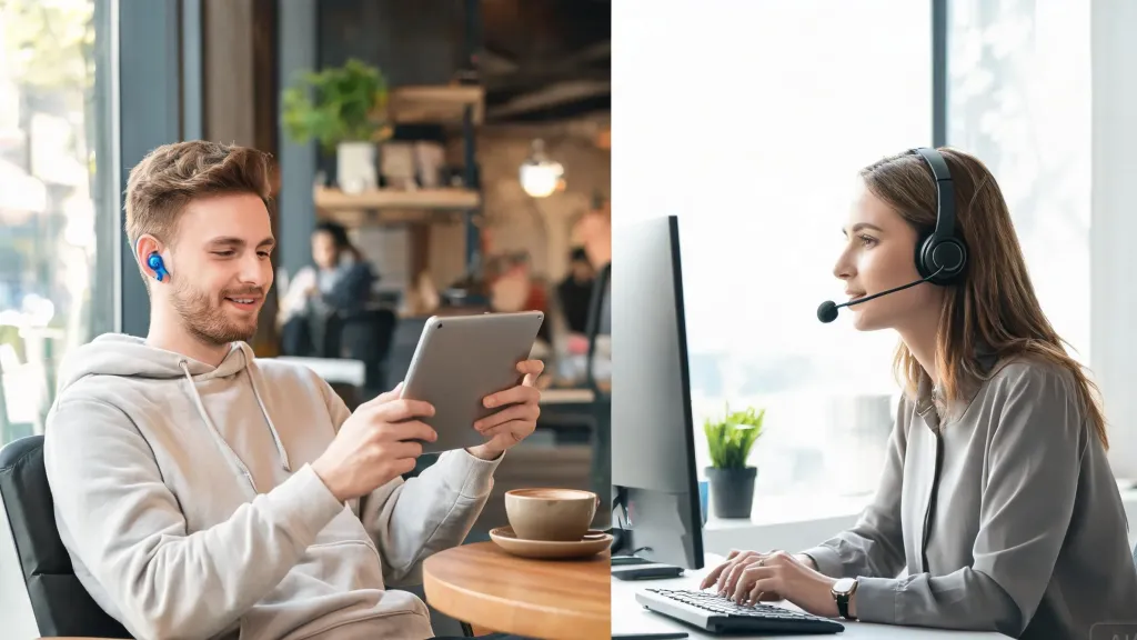 Split scene comparing casual consumer headphone user versus professional headset user at work