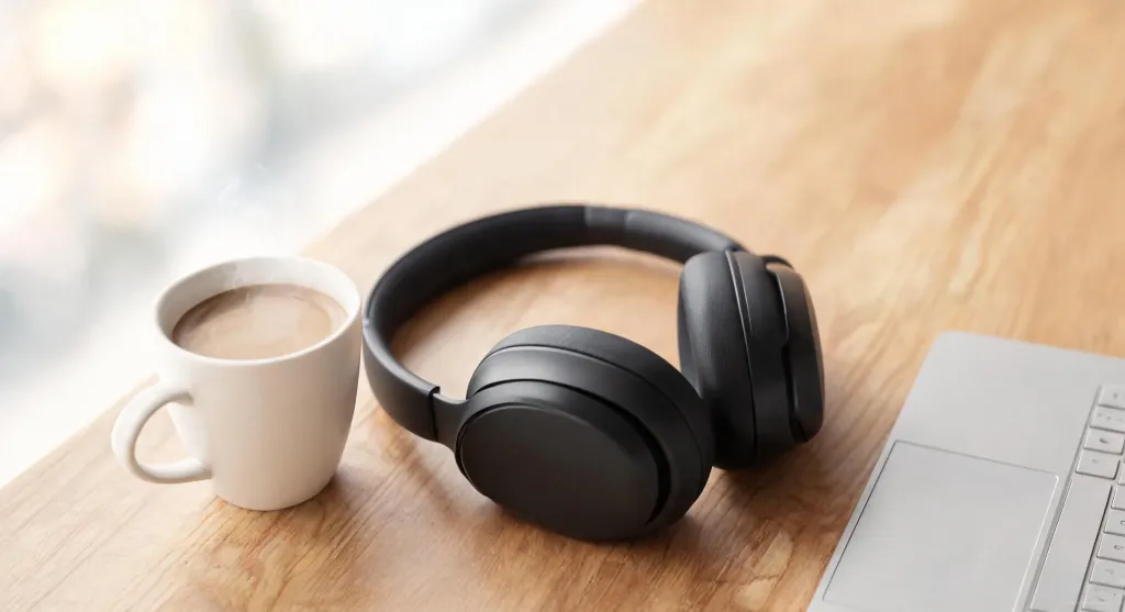 Black wireless headset on a wooden desk next to a coffee cup and laptop keyboard