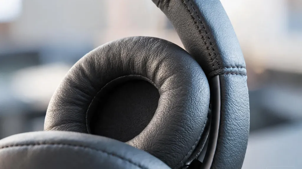 Macro close-up of plush memory foam ear cushion and padded headband on a wireless headset, showing ergonomic contour and leatherette texture
