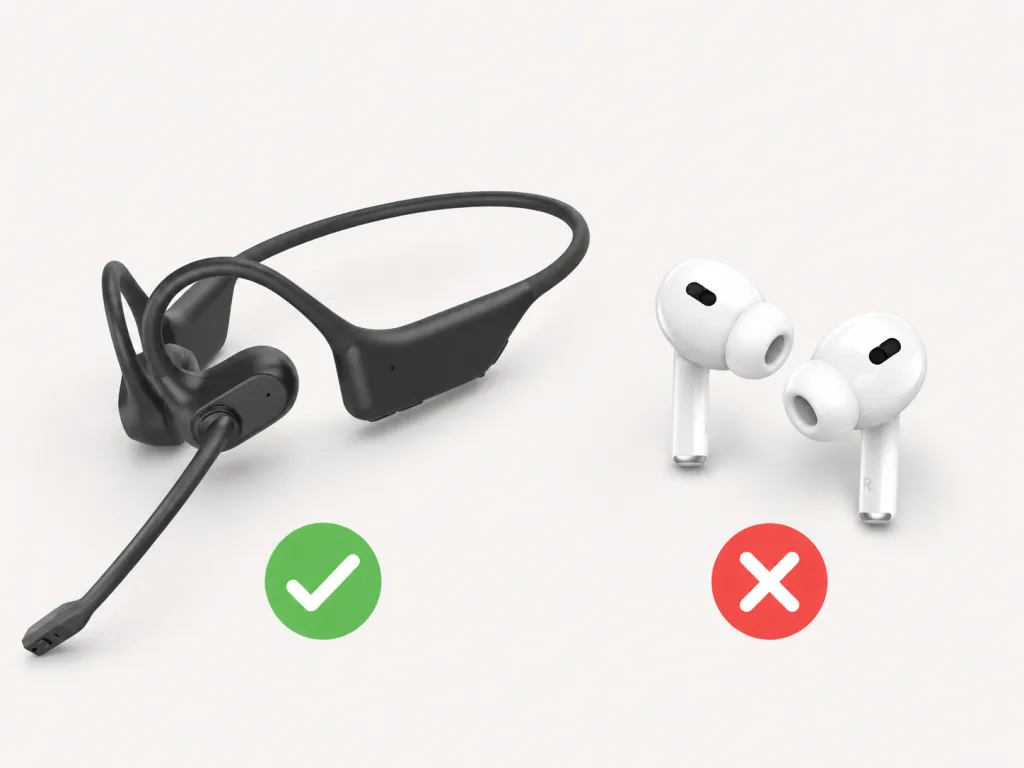 Nuroum OpenEar Pro2 headset compared with wireless earbuds, showing the headset as a better choice for business calls