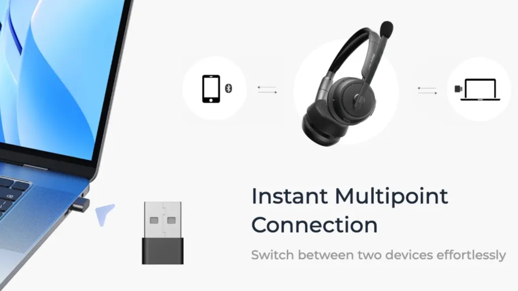 Graphic showing headset connecting simultaneously to phone and laptop via dongle, promoting easy device switching.
