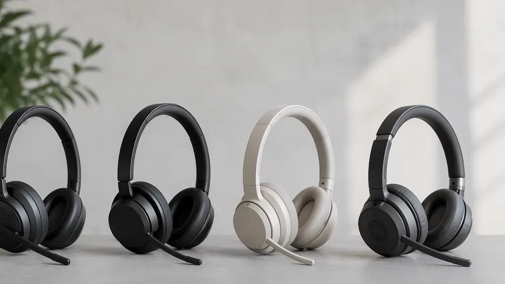 Four different wireless headsets arranged side by side for comparison