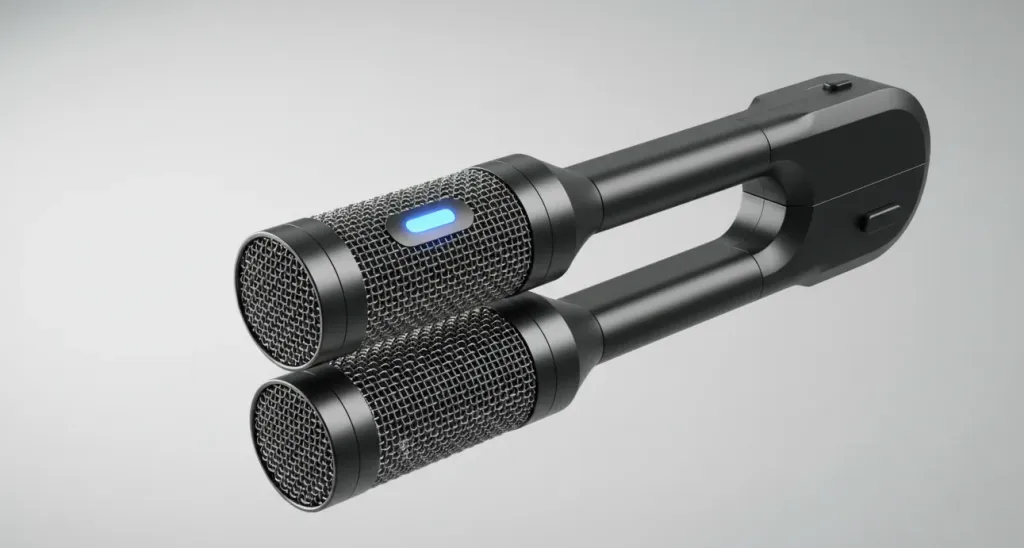 Close-up of a professional dual-microphone array for wireless headset with mic for work showing the intricate mesh grille and LED indicator details