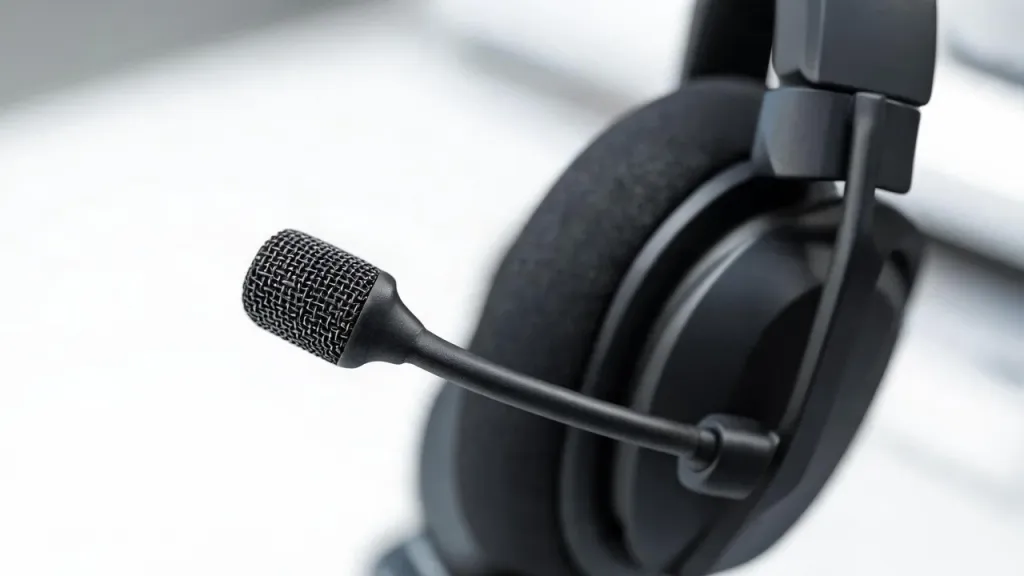 Detailed close-up of a professional headset microphone boom and earpiece on a minimalist desk, showing build quality and clean industrial design under soft studio lighting