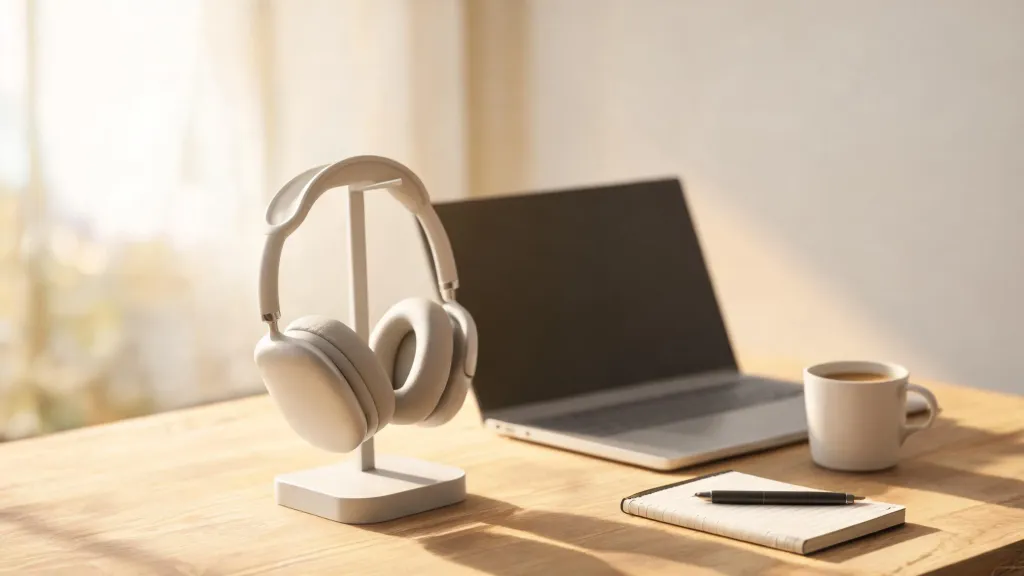 A wireless headset resting neatly on a charging stand beside a laptop, notebook, and coffee mug on a tidy modern desk