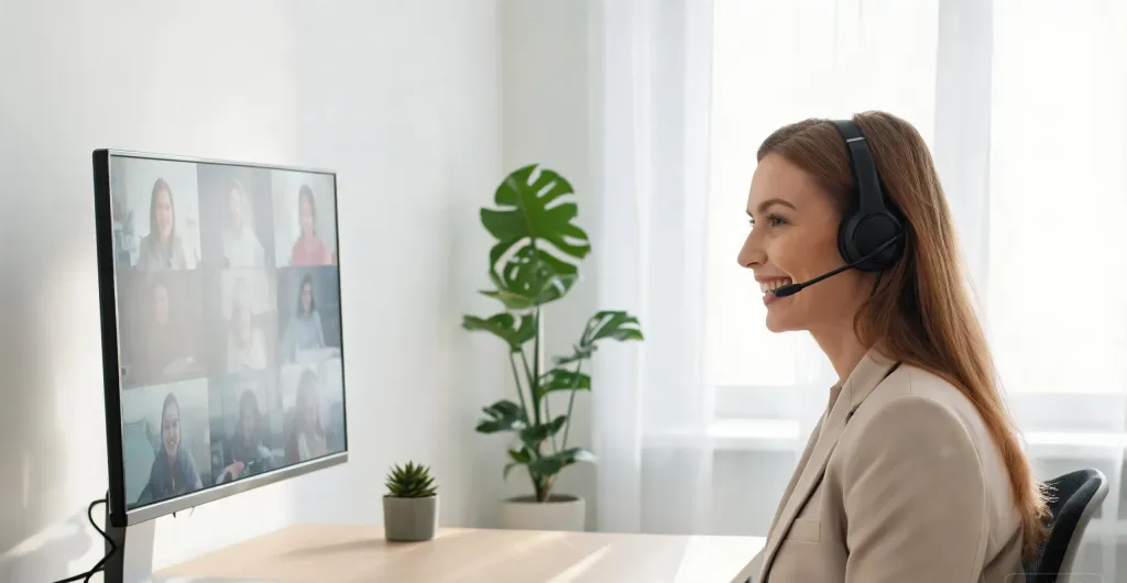Professional woman smiling during a video conference on a large monitor in a bright home office