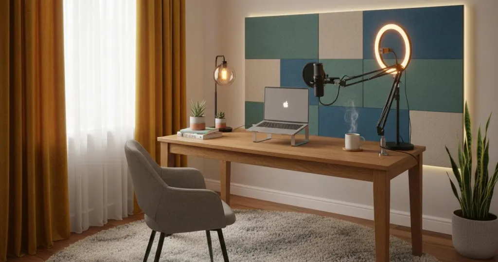 Optimized home office setup with acoustic panels, thick curtains, and wireless headphone with microphone for work for online teaching