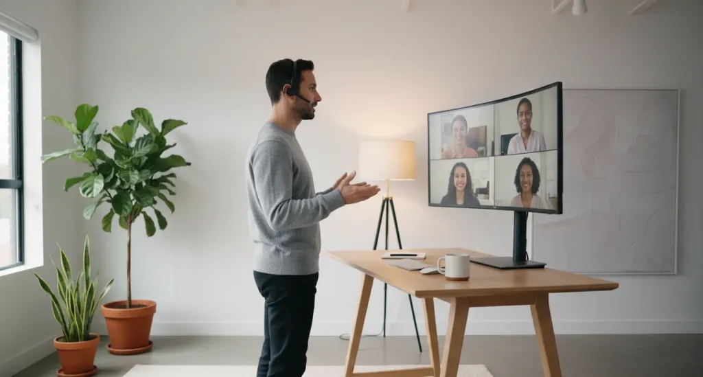 Mann im modernen Homeoffice mit Stehpult und großem Monitor trägt ein Open-Ear Headset während einer Videokonferenz mit mehreren Teilnehmern