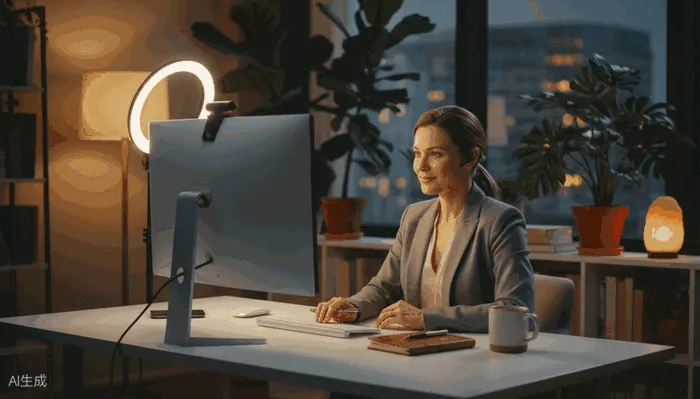 Professioneller Homeoffice-Arbeitsplatz mit Monitor, Webcam und Ringlicht für hochwertige Videokonferenzen