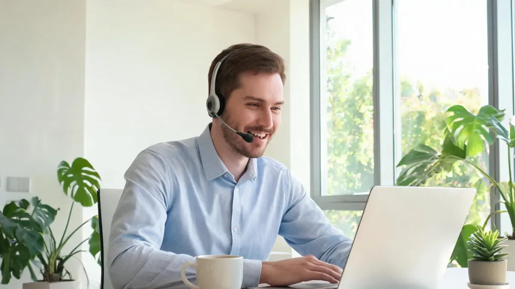 Remote worker in a bright modern home office wearing a professional wireless headset during a video call