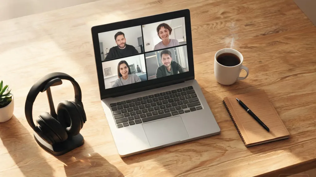 Modern home office desk setup with a wireless headset resting on its charging stand next to a laptop showing a Teams interface