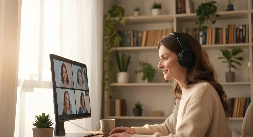 Woman in a cozy home office with bookshelves, wearing a wireless headset during a video call on her monitor
