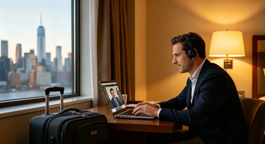 A professional working from a hotel room desk, wearing open-ear headphones, laptop open with video call, city skyline visible through the window