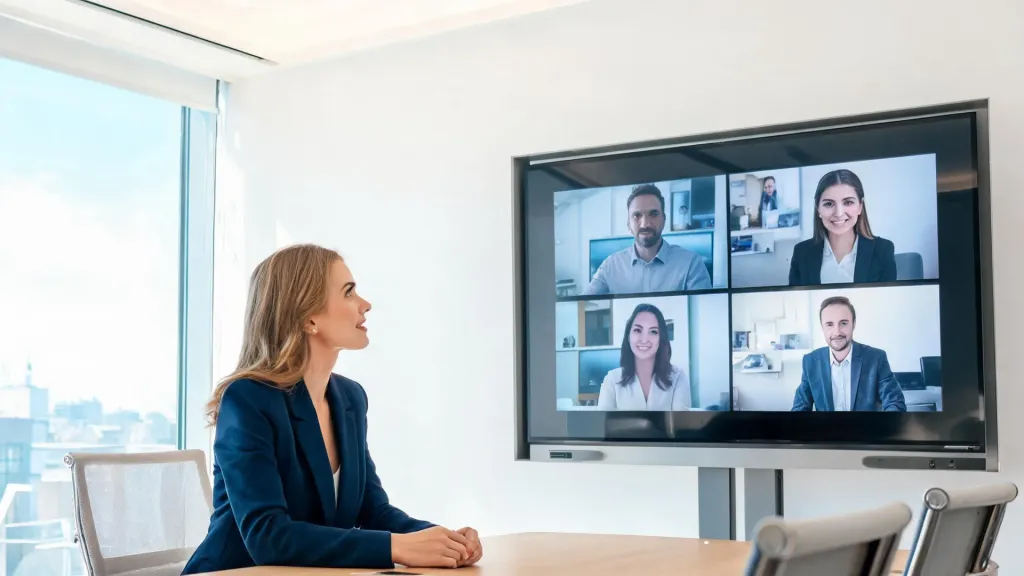 Professional participating in a video conference call from a modern office meeting room with large screen displaying remote colleagues and bright lighting