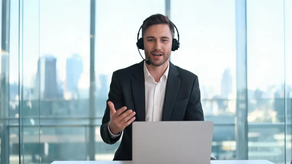 Professional in a meeting room taking a call with a wireless headset, glass wall and natural light behind