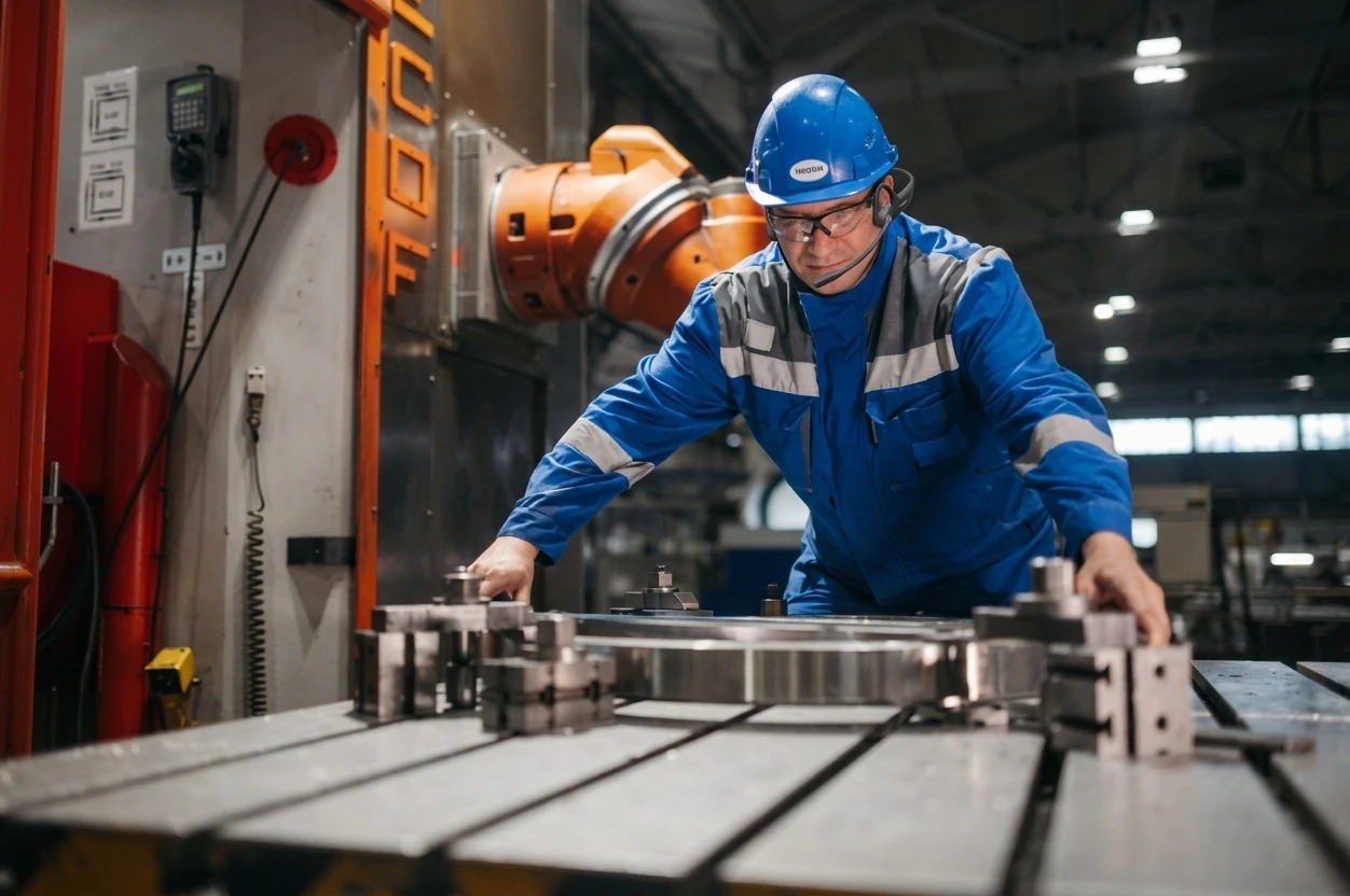CNC Operator utilizing open ear headset for safety and communication