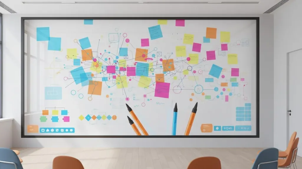 A large interactive digital whiteboard online teaching tool display in a modern classroom filled with colorful sticky notes, mind maps, and collaborative diagrams