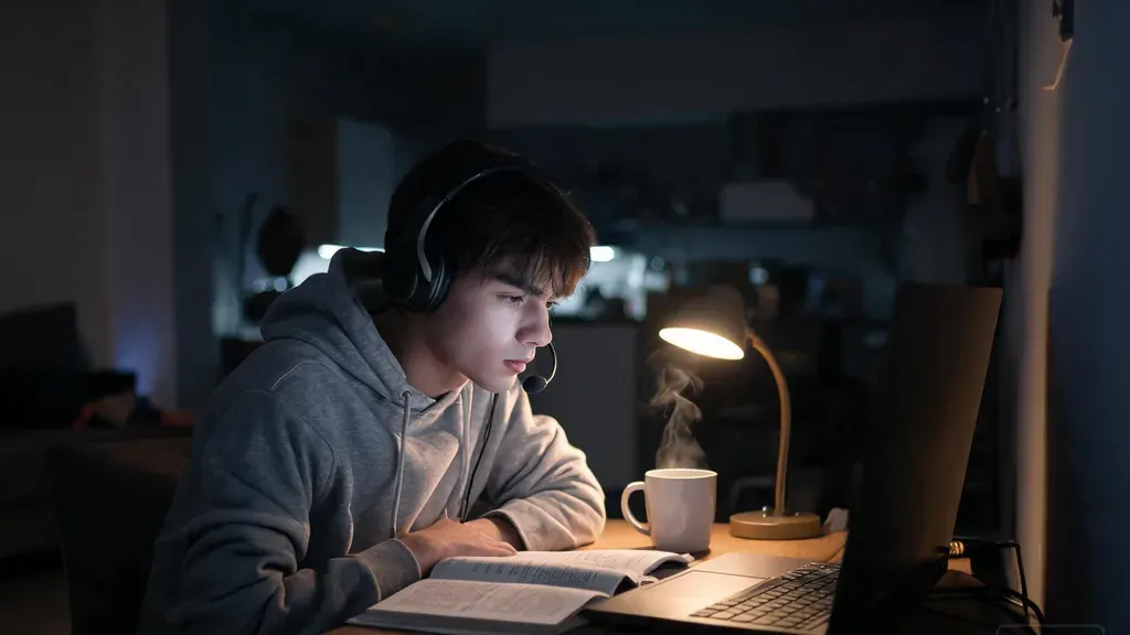 A student studying late at night in a shared apartment with a headset on, warm lamp light, showing long-session comfort