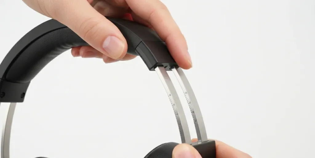 Hands extending a headphone headband slider to create a looser, more comfortable fit