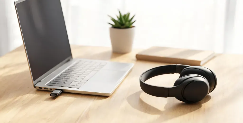 MacBook on a clean desk with a headset connected through a USB-C adapter, soft window light