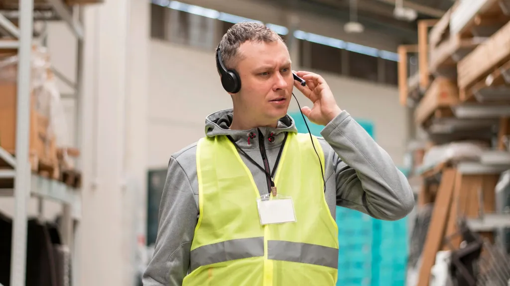 Warehouse worker wearing a on-ear headset