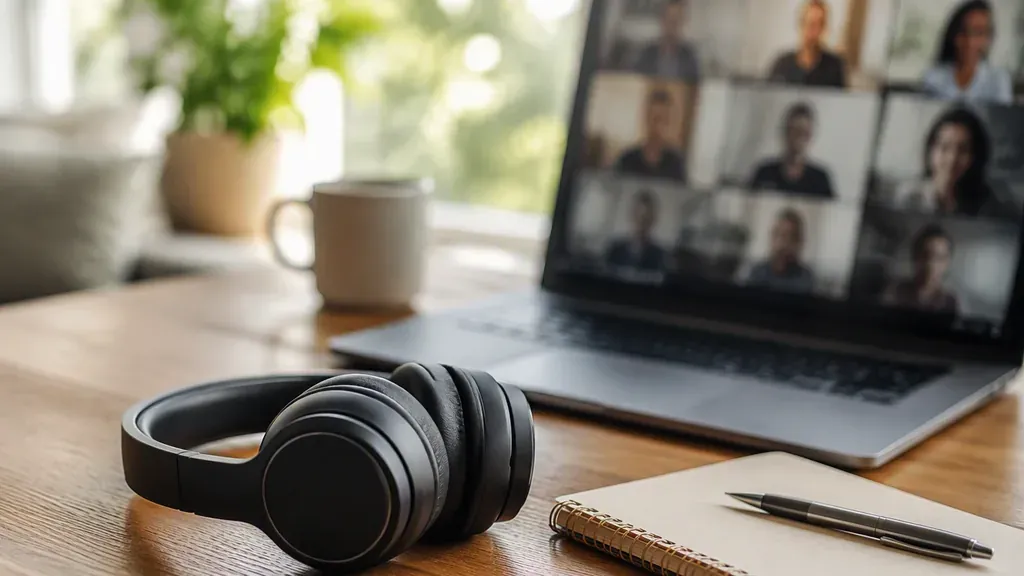 A headset beside a laptop showing a video call grid and a paper notebook