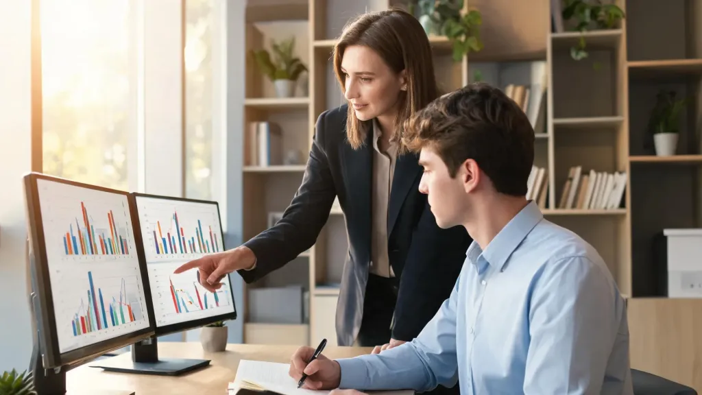 Senior professional mentoring a younger colleague at a desk with dual monitors in a modern office with natural lighting