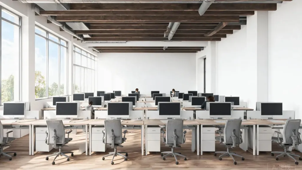 Wide shot of a modern travel support call center floor with bright lighting, ergonomic workstations, and agents collaborating during a busy but organized shift