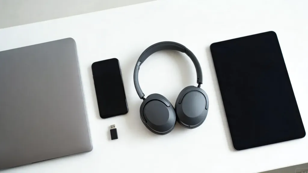Professional headset placed among laptop, smartphone, tablet, and USB dongle showing multi-device connectivity