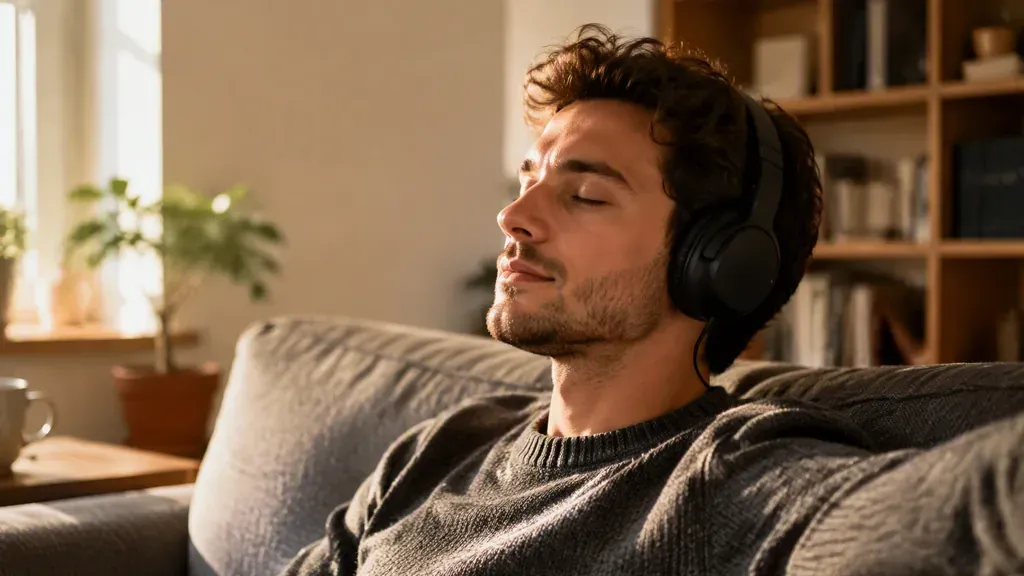 A man relaxing on a couch wearing over-ear headphones and listening to music