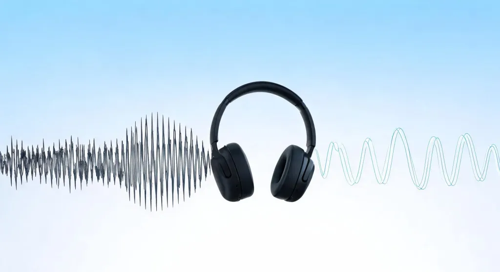 Abstract visualization of noise cancellation technology with sound waves filtering around a floating headset