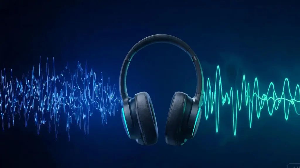 Abstract visualization of noise cancellation technology with sound wave patterns filtering through a headset