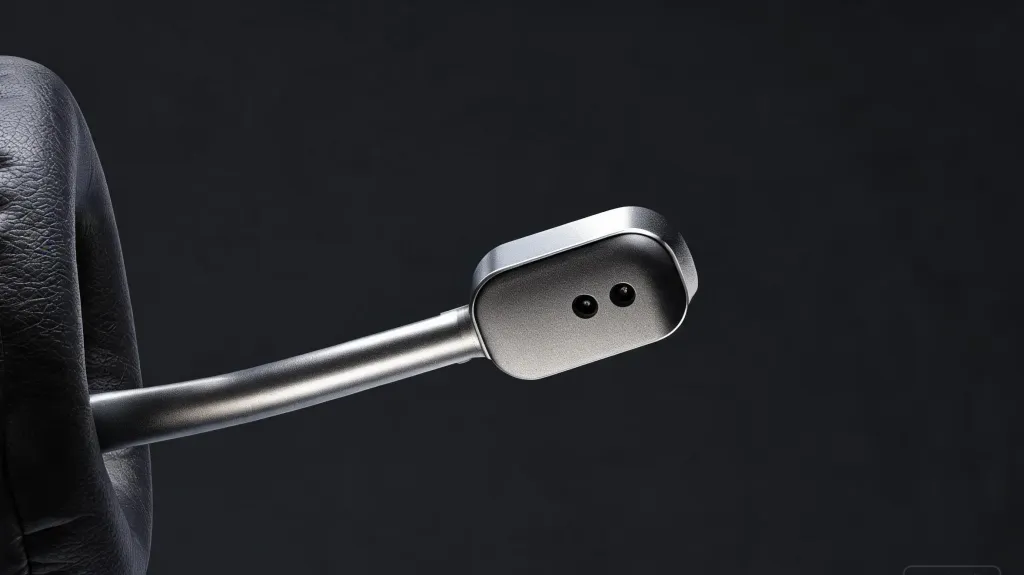 Close-up product photography of a premium headset boom microphone with dual noise-cancelling ports on a dark background