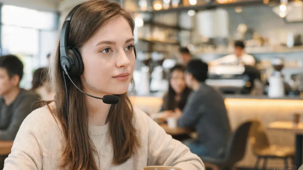 A woman calmly taking a work call in a busy coffee shop wearing a headset