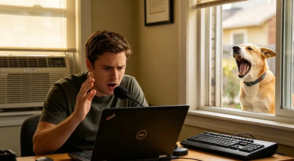 A man struggling to speak into a laptop microphone while surrounded by noise sources including an air conditioner and a barking dog outside the window