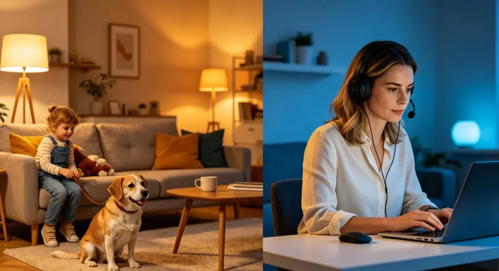 Split scene showing a home office with distractions on one side and a focused professional workspace on the other side, warm and cool lighting contrast