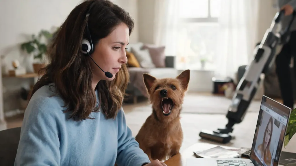 A woman wearing a headset on a video call at home while a small dog barks nearby in a busy background