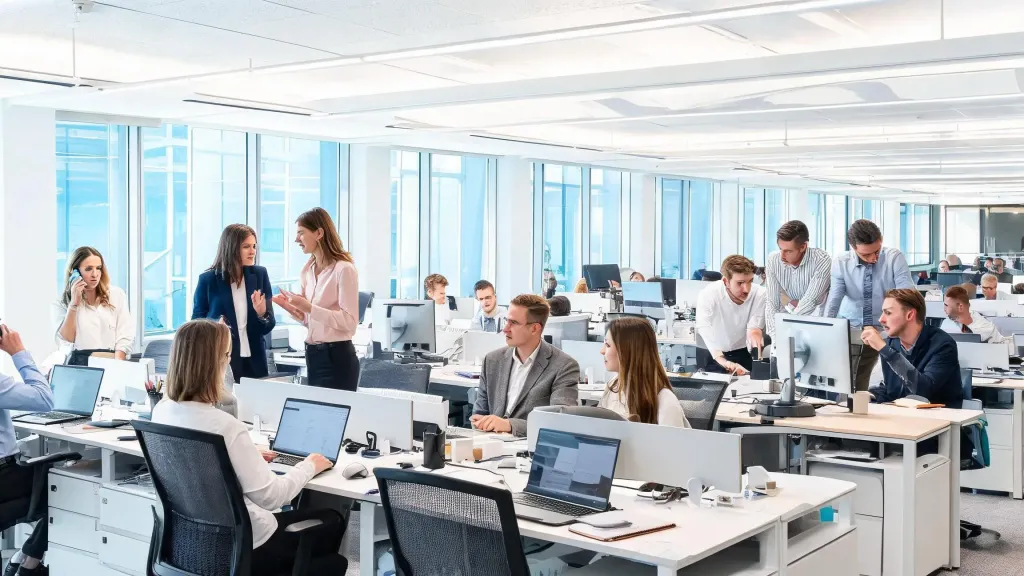 Wide shot of a bustling open office showing many employees on calls and collaborating with visible sound energy concept