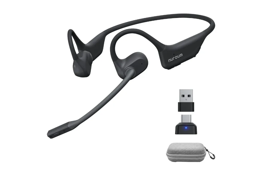 A Nuoum open-ear bone conduction headset kit, including the headset with boom mic, USB-A and USB-C adapters, and a grey zipper case.