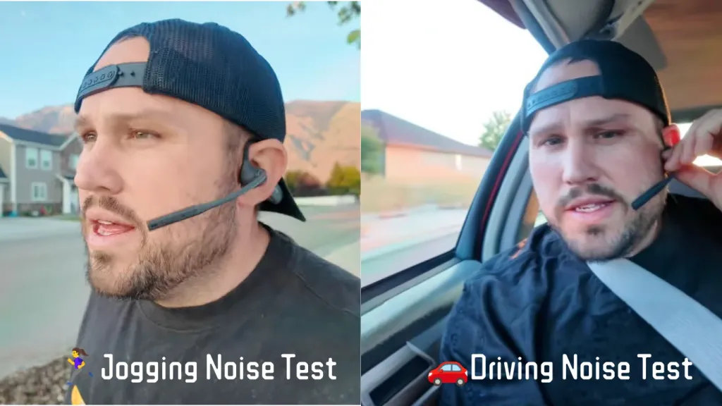 Split screen comparison of the Nuroum headset microphone undergoing jogging and driving noise cancellation tests.