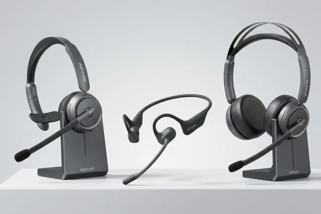 Three Nuroum wireless headsets including single-ear, bone conduction, and dual-ear models displayed on charging stands against a light background.
