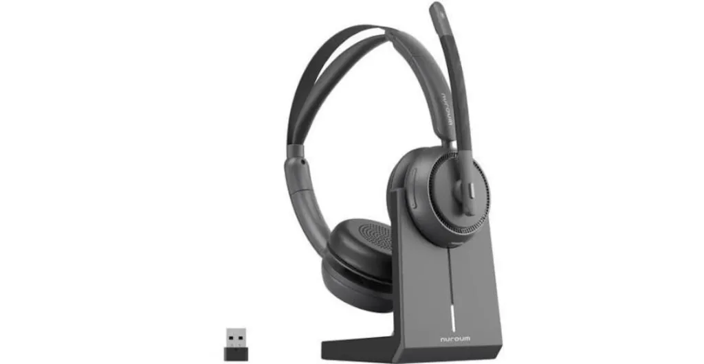 Nuroum HP31D wireless office communication mono headset system, matte black single-ear headset with a retractable noise-cancelling boom microphone and dual headband design