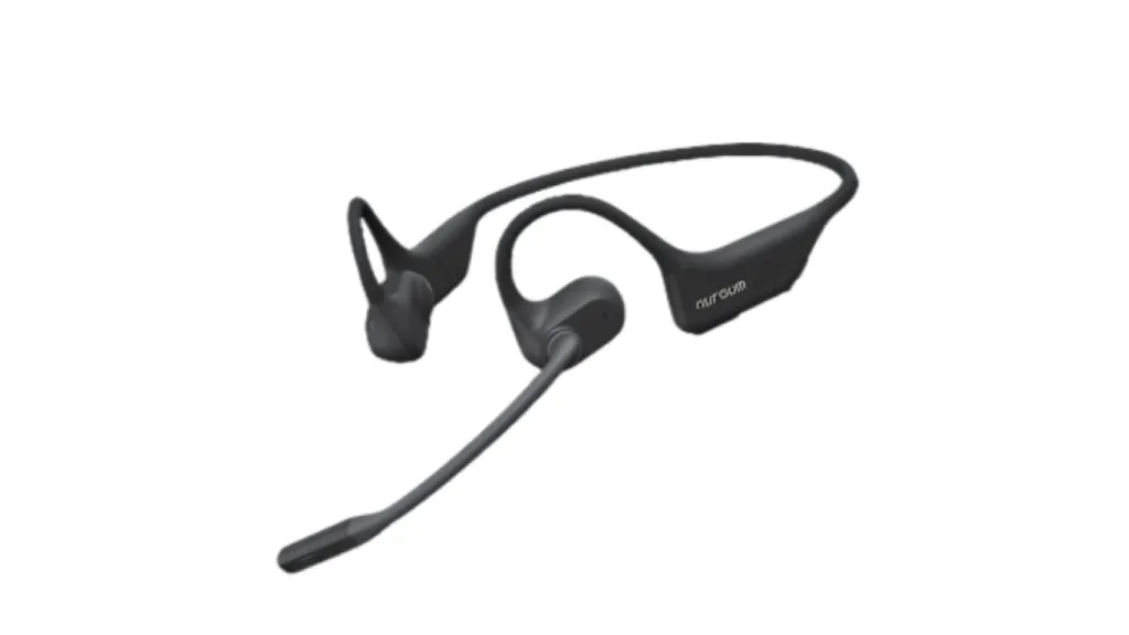 Black Nuroum open-ear bone conduction headset featuring an adjustable boom microphone.