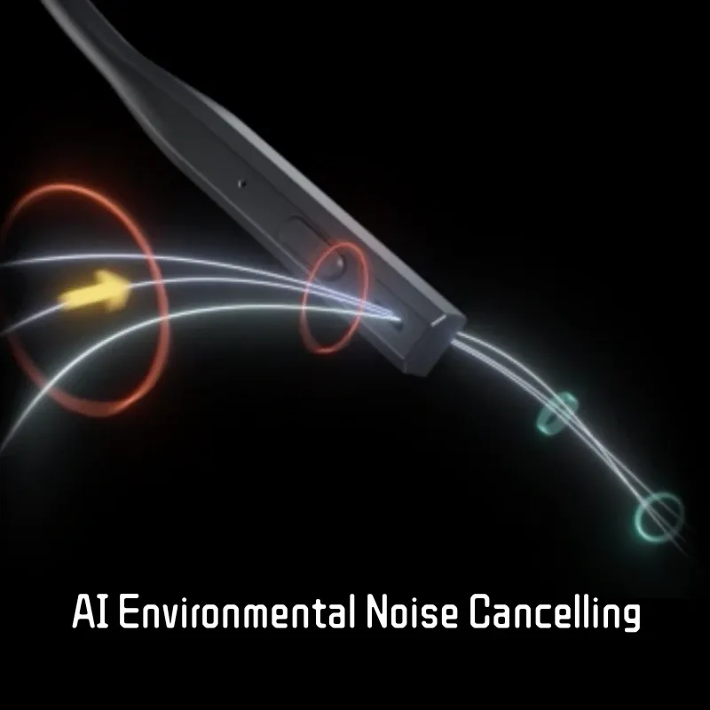 Diagram illustrating AI Environmental Noise Cancelling technology on the Nuroum headset boom microphone filtering out background noise.