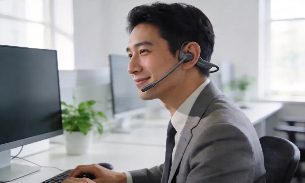 Nuroum OpenEar Pro 2オープンイヤーイヤホンを付けてWeb会議をしている男