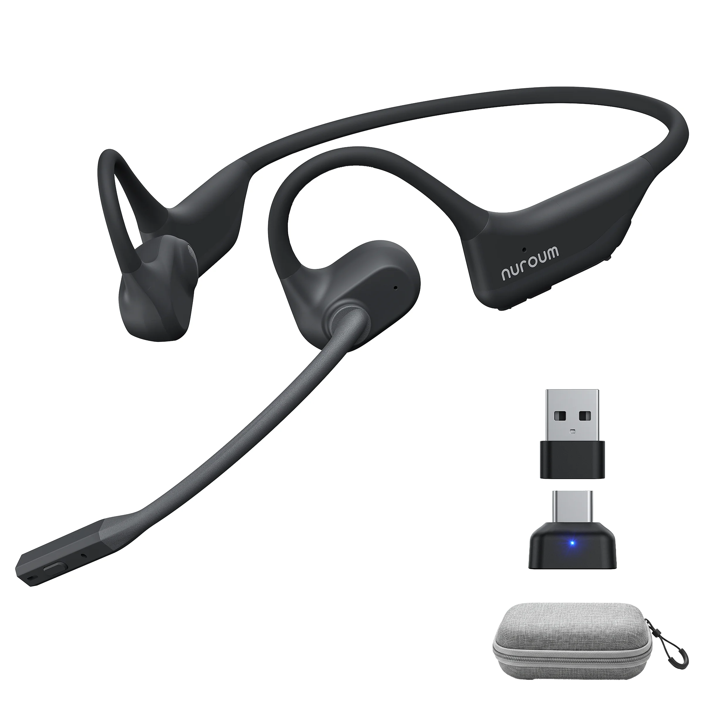 Black Nuroum wireless open ear headphone with mic, featuring a boom microphone, USB-A dongle, Type-C adapter, and a gray carrying case on a white background.