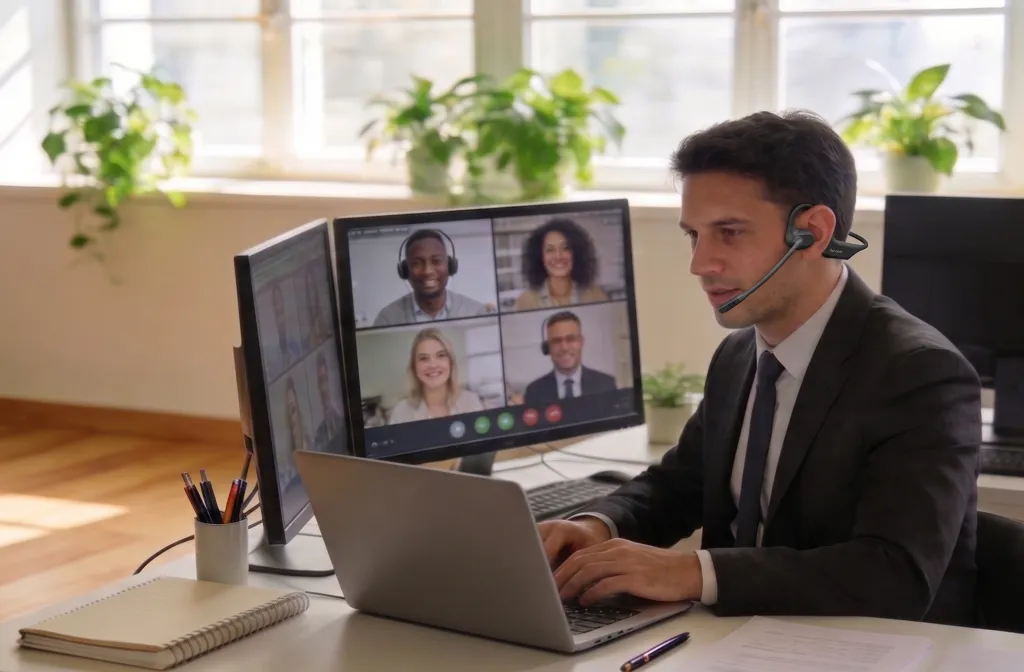 Nuroum OpenEar Pro 2オープンイヤーイヤホンを付けてWeb会議をしている男