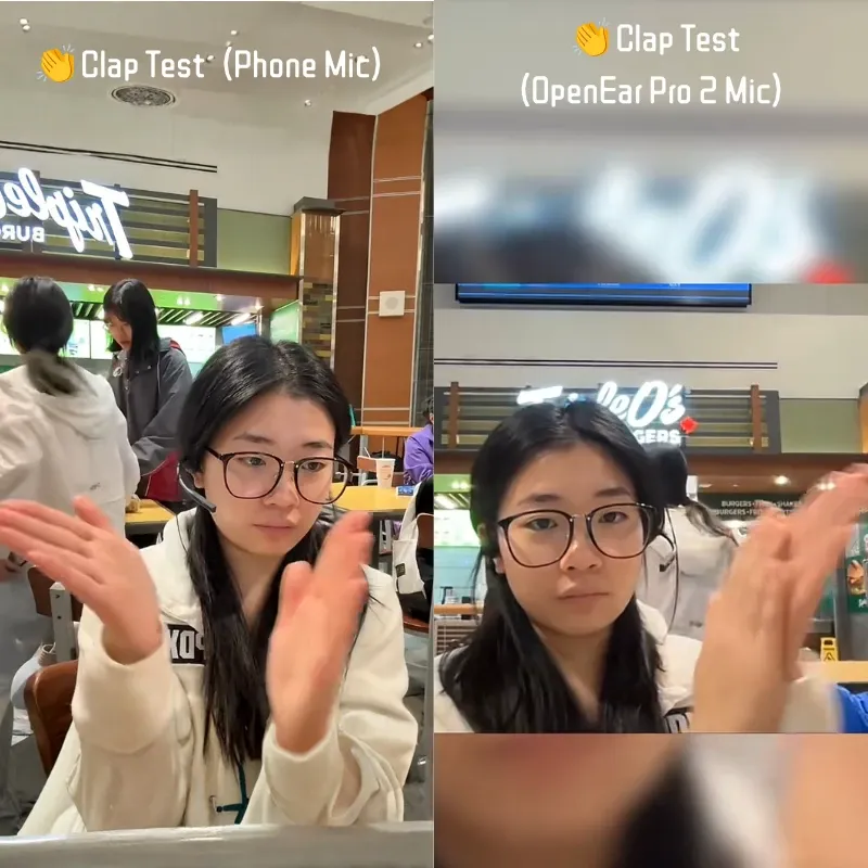 Side-by-side clap test comparison between a phone microphone and the Nuroum OpenEar Pro 2 microphone demonstrating noise cancellation in a crowded mall.
