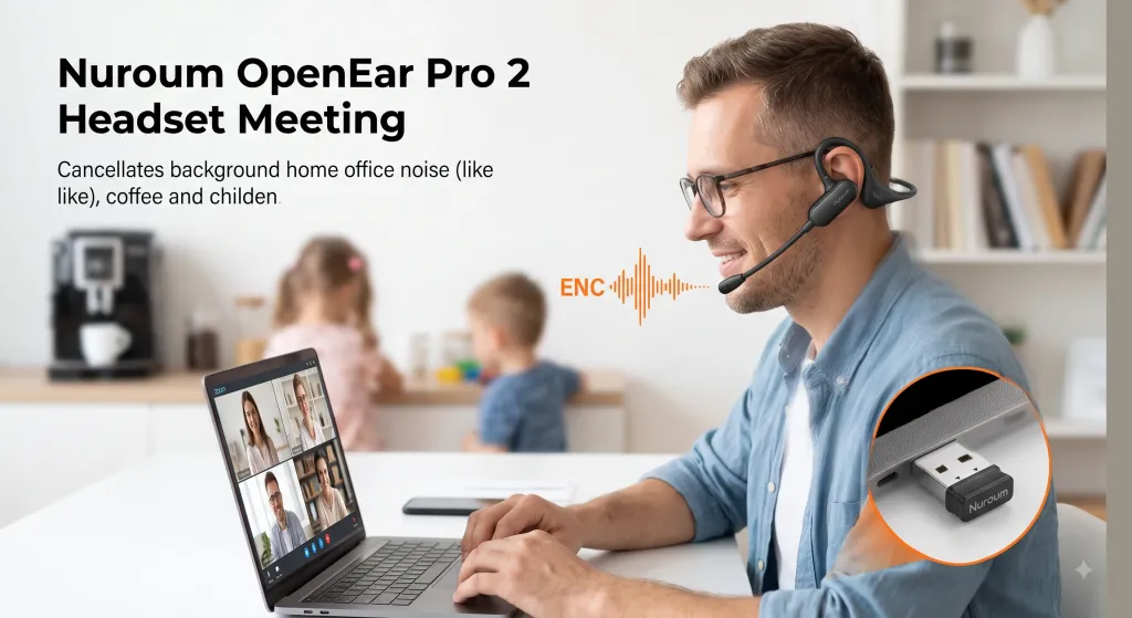 Man in home office Zoom call with Nuroum OpenEar Pro 2. Orange 'ENC' graphic filters noise. USB dongle plugged in for stable connection.