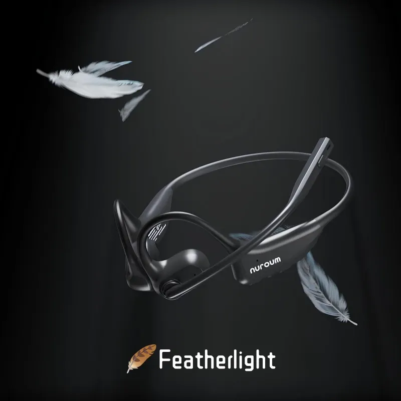 Floating black Nuroum OpenEar Pro 2 headset surrounded by floating feathers, highlighting its featherlight and comfortable design.
